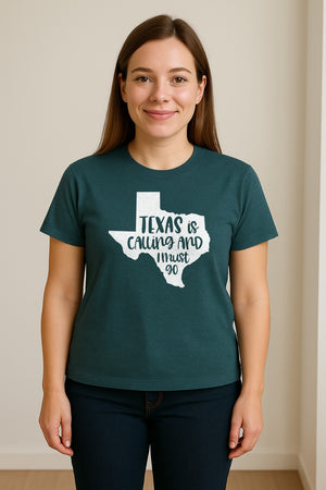 Texas Is Calling and I Must Go T-Shirt, State Outline Travel Graphic for Lone Star Road Trips