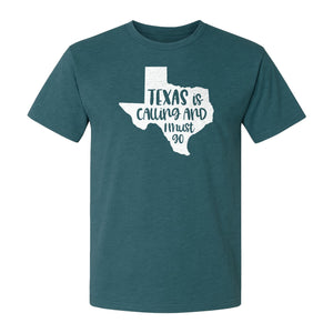 Texas Is Calling and I Must Go T-Shirt, State Outline Travel Graphic for Lone Star Road Trips