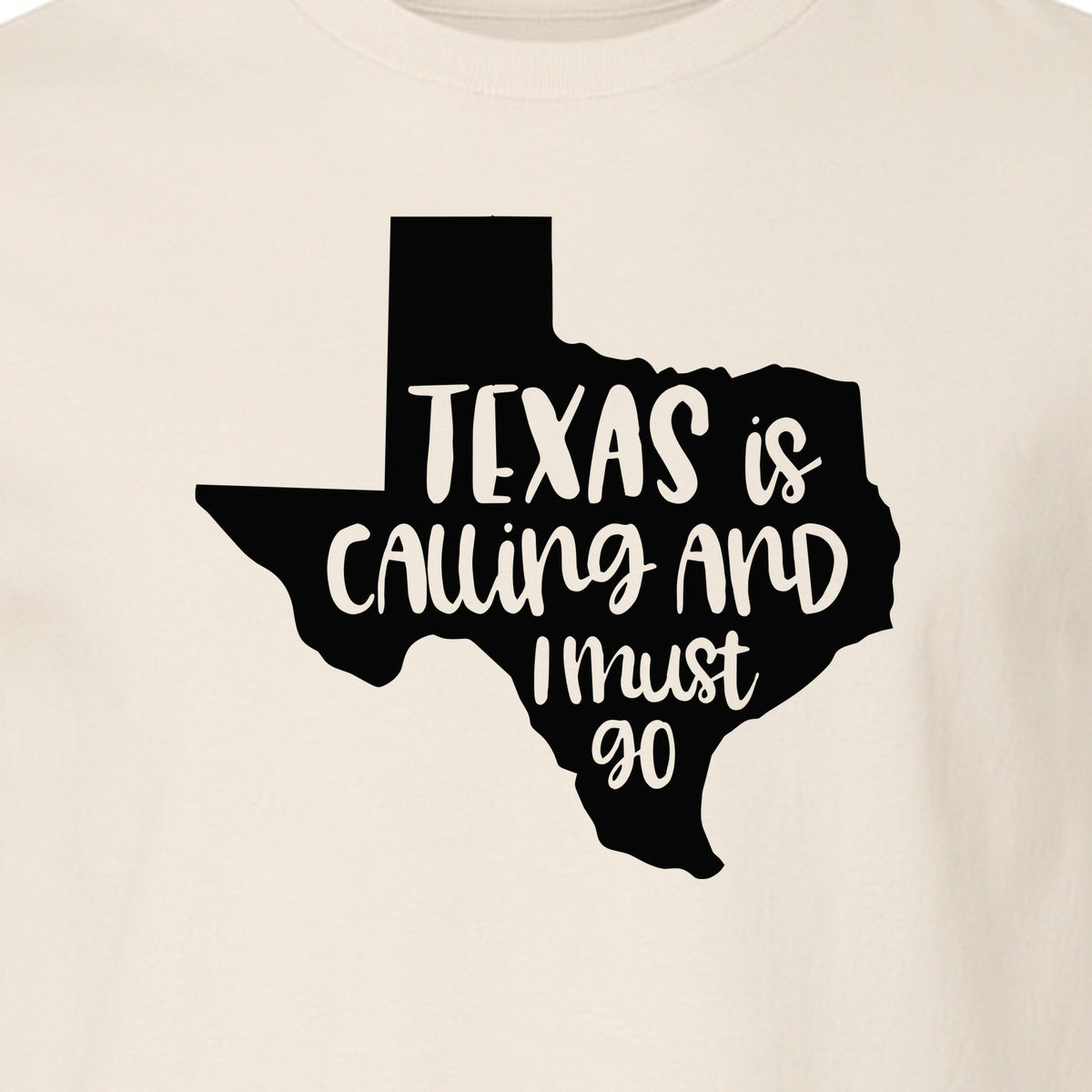Texas Is Calling and I Must Go T-Shirt, State Outline Travel Graphic for Lone Star Road Trips