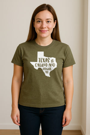 Texas Is Calling and I Must Go T-Shirt, State Outline Travel Graphic for Lone Star Road Trips