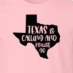 Texas Is Calling and I Must Go T-Shirt, State Outline Travel Graphic for Lone Star Road Trips