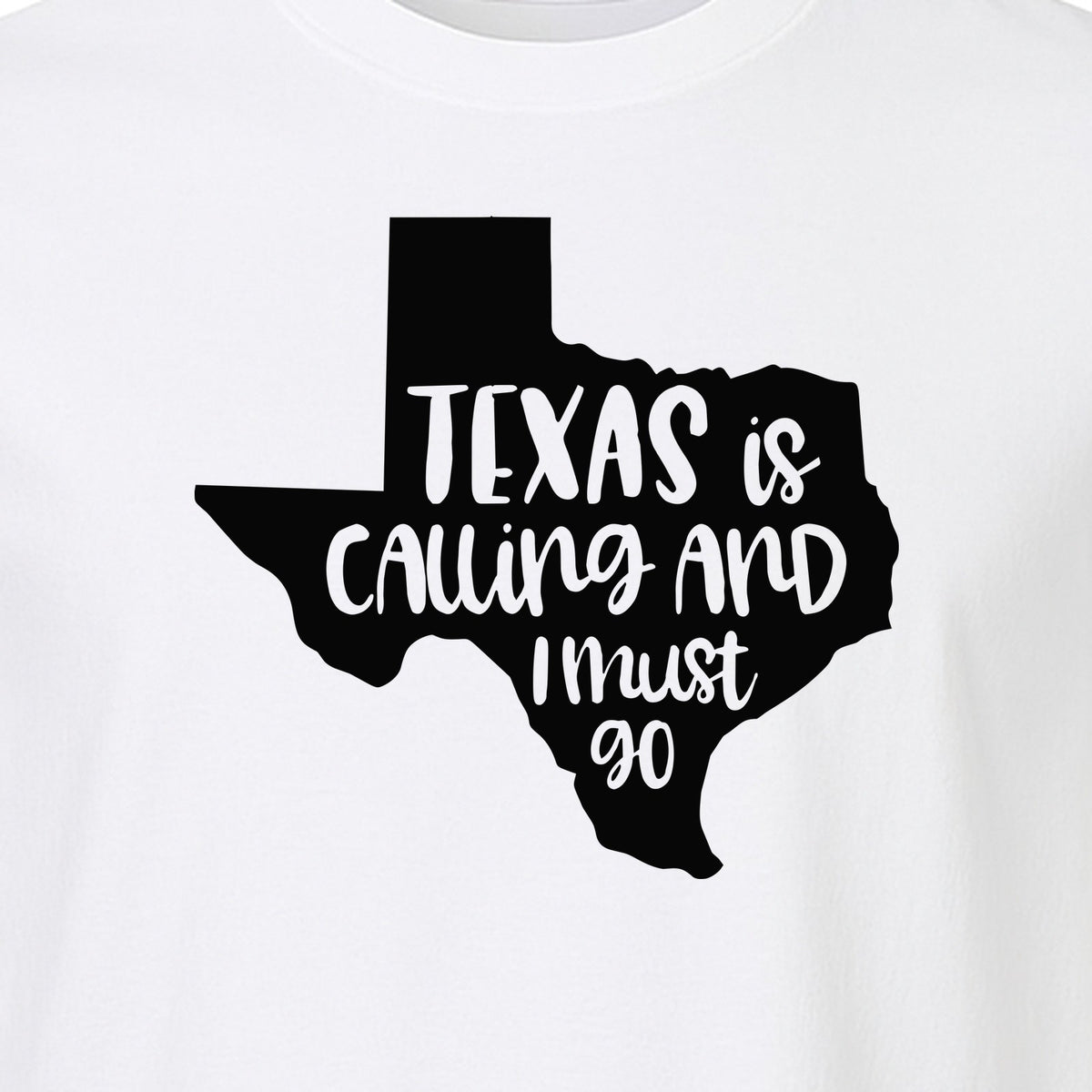 Texas Is Calling and I Must Go T-Shirt, State Outline Travel Graphic for Lone Star Road Trips