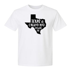 Texas Is Calling and I Must Go T-Shirt, State Outline Travel Graphic for Lone Star Road Trips