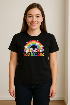 Rainbow T-Shirt, You Belong Floral Retro Graphic for Pride Allies and Supporters