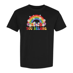 Rainbow T-Shirt, You Belong Floral Retro Graphic for Pride Allies and Supporters