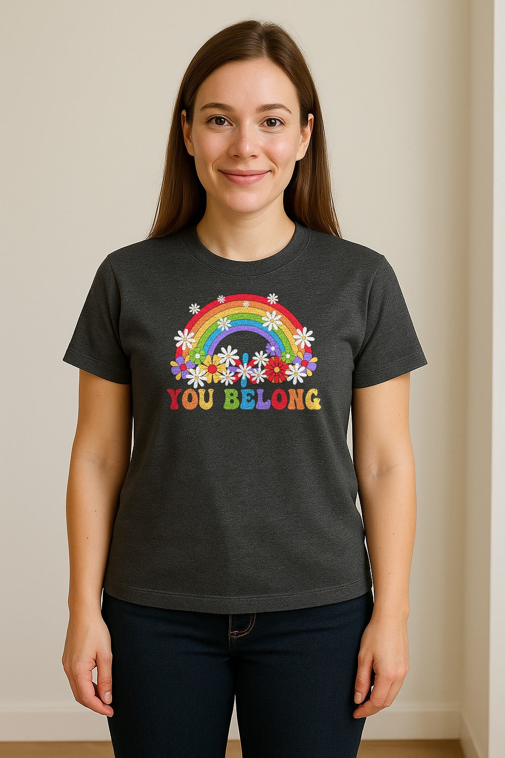 Rainbow T-Shirt, You Belong Floral Retro Graphic for Pride Allies and Supporters