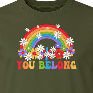 Rainbow T-Shirt, You Belong Floral Retro Graphic for Pride Allies and Supporters