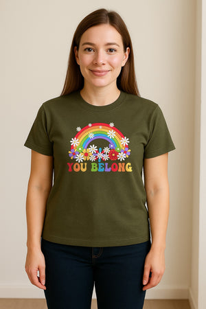 Rainbow T-Shirt, You Belong Floral Retro Graphic for Pride Allies and Supporters