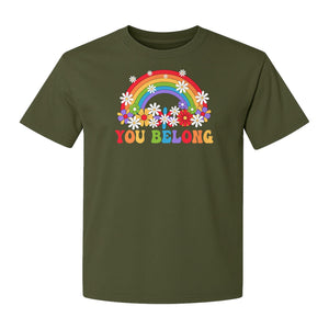 Rainbow T-Shirt, You Belong Floral Retro Graphic for Pride Allies and Supporters
