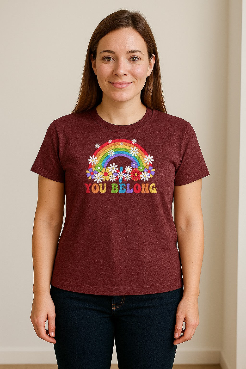 Rainbow T-Shirt, You Belong Floral Retro Graphic for Pride Allies and Supporters