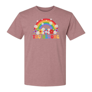 Rainbow T-Shirt, You Belong Floral Retro Graphic for Pride Allies and Supporters