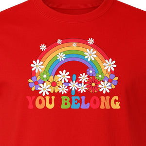 Rainbow T-Shirt, You Belong Floral Retro Graphic for Pride Allies and Supporters