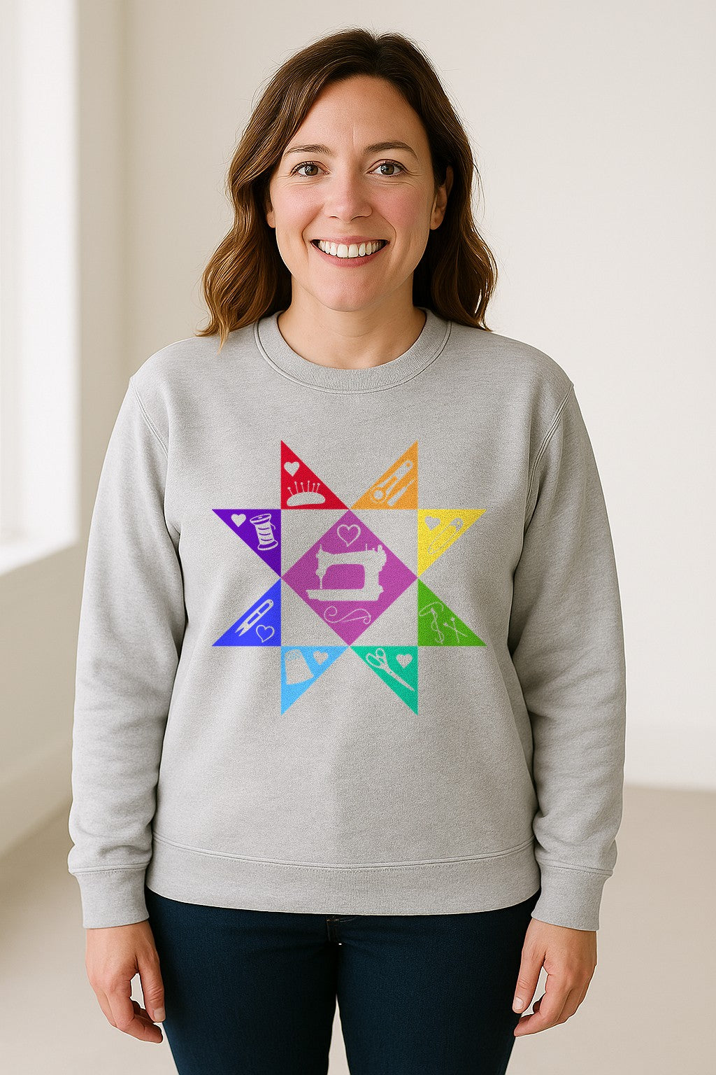 Quilting Sweatshirt, Rainbow Star Sewing Machine Design for Quilters and Craft Lovers