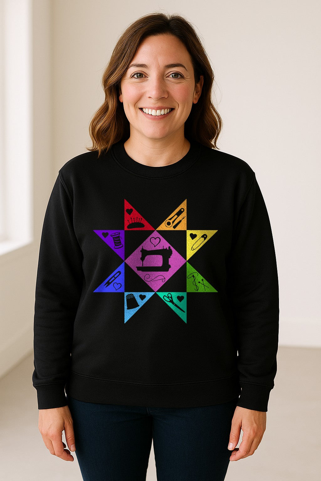 Quilting Sweatshirt, Rainbow Star Sewing Machine Design for Quilters and Craft Lovers