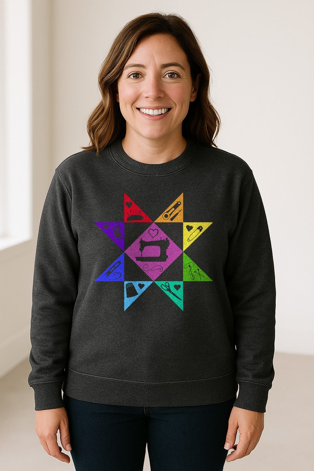Quilting Sweatshirt, Rainbow Star Sewing Machine Design for Quilters and Craft Lovers