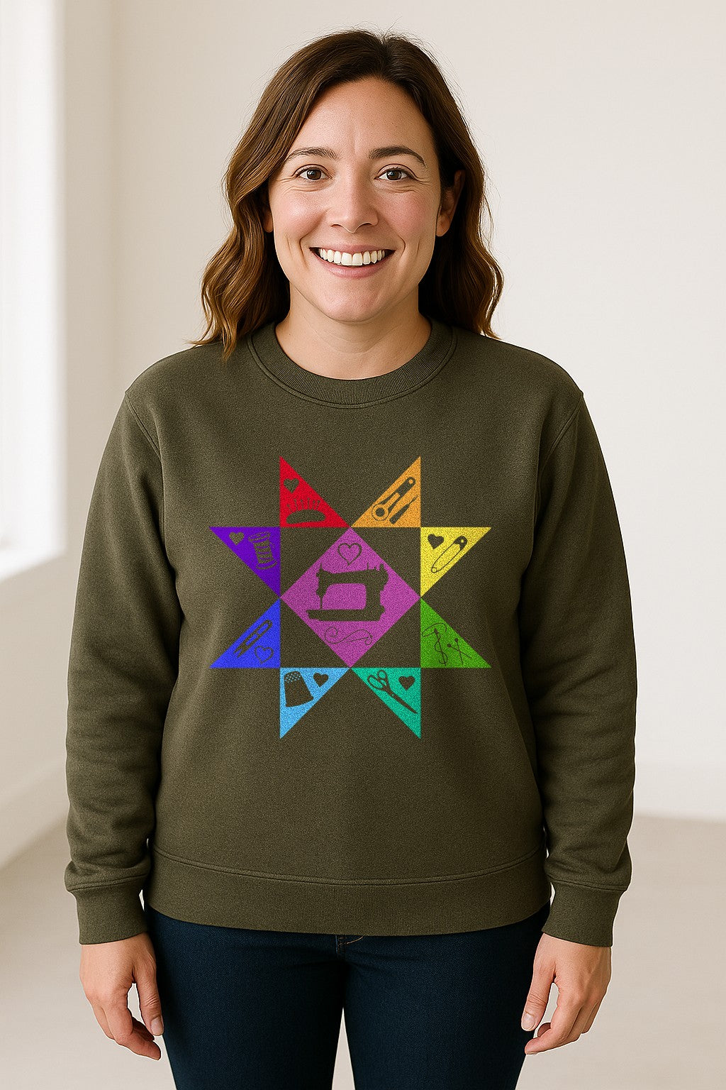 Quilting Sweatshirt, Rainbow Star Sewing Machine Design for Quilters and Craft Lovers