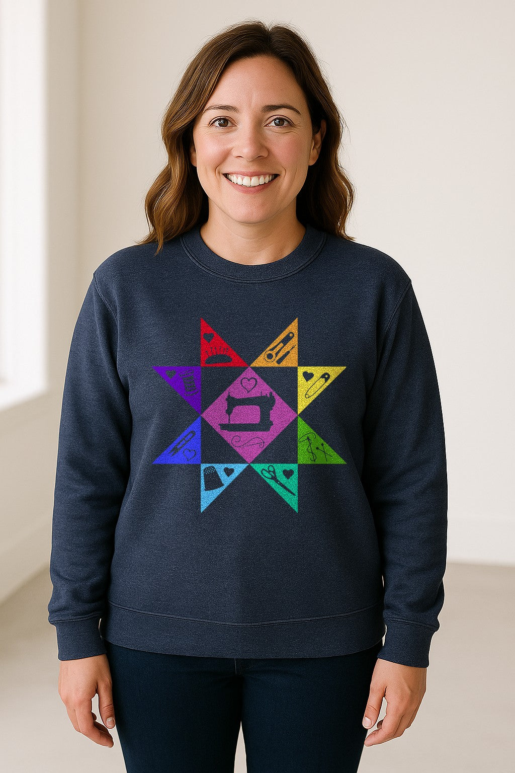 Quilting Sweatshirt, Rainbow Star Sewing Machine Design for Quilters and Craft Lovers