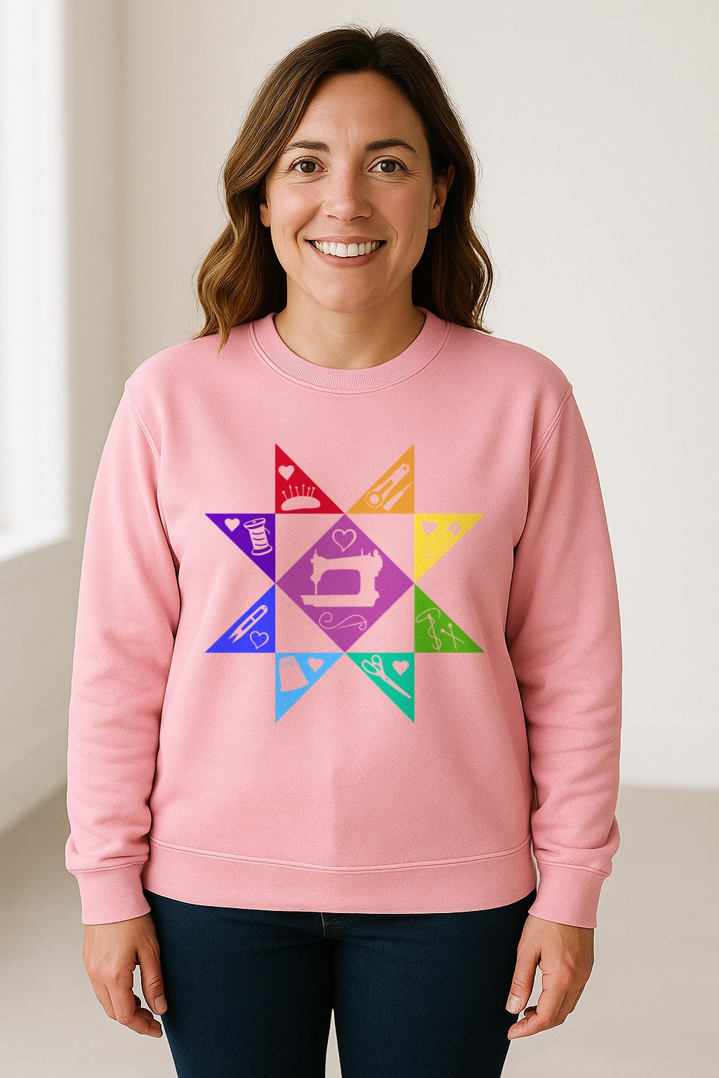 Quilting Sweatshirt, Rainbow Star Sewing Machine Design for Quilters and Craft Lovers