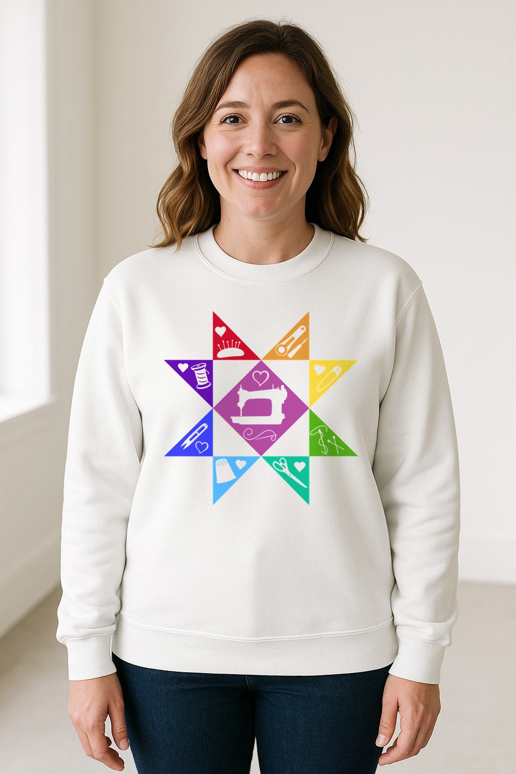 Quilting Sweatshirt, Rainbow Star Sewing Machine Design for Quilters and Craft Lovers