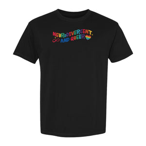 Neurodivergent and Queer T-Shirt, Rainbow Heart Infinity Symbol Pride Awareness Graphic