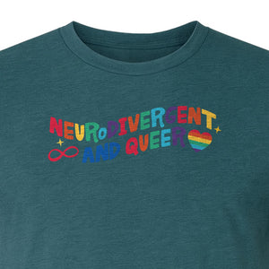 Neurodivergent and Queer T-Shirt, Rainbow Heart Infinity Symbol Pride Awareness Graphic