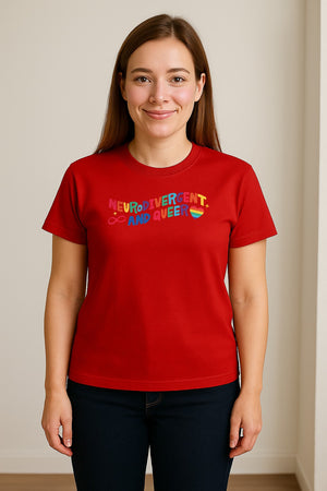 Neurodivergent and Queer T-Shirt, Rainbow Heart Infinity Symbol Pride Awareness Graphic