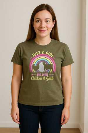 Chicken and Goat T-Shirt, Just a Girl Who Loves Farm Animals Graphic Gift for Farmers