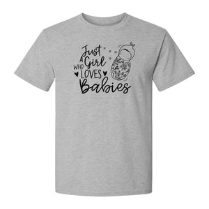Doula T-Shirt, Just a Girl Who Loves Babies Floral Swaddle Design for Birth Workers and Midwives