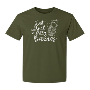 Doula T-Shirt, Just a Girl Who Loves Babies Floral Swaddle Design for Birth Workers and Midwives