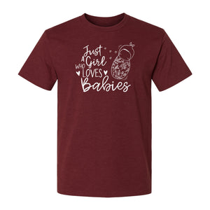 Doula T-Shirt, Just a Girl Who Loves Babies Floral Swaddle Design for Birth Workers and Midwives