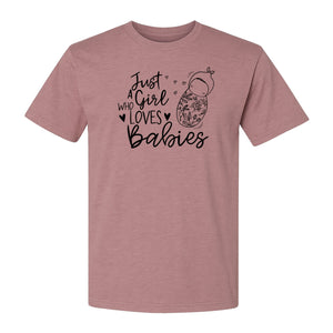 Doula T-Shirt, Just a Girl Who Loves Babies Floral Swaddle Design for Birth Workers and Midwives