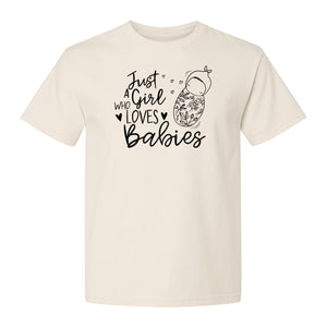 Doula T-Shirt, Just a Girl Who Loves Babies Floral Swaddle Design for Birth Workers and Midwives