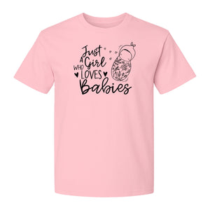 Doula T-Shirt, Just a Girl Who Loves Babies Floral Swaddle Design for Birth Workers and Midwives