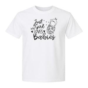 Doula T-Shirt, Just a Girl Who Loves Babies Floral Swaddle Design for Birth Workers and Midwives