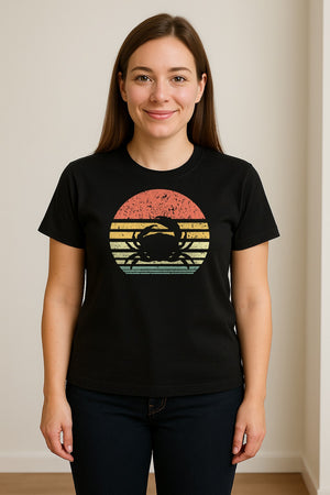 Crab T-Shirt, Retro Sunset Stripe Graphic for Beach Lovers and Animal Fans