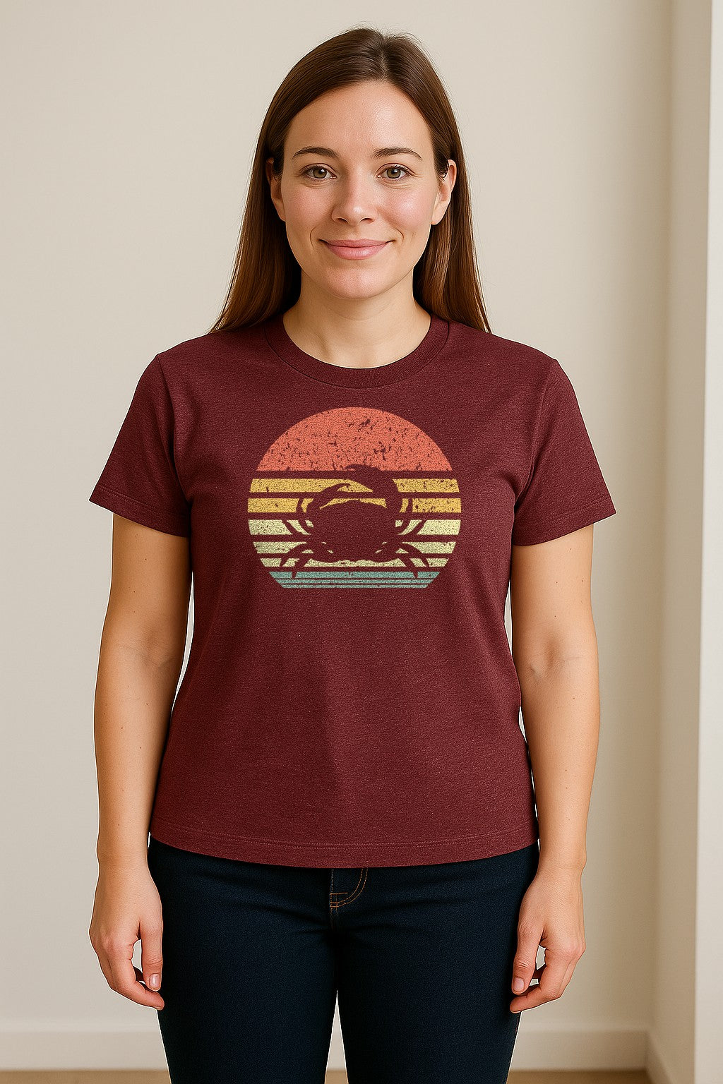 Crab T-Shirt, Retro Sunset Stripe Graphic for Beach Lovers and Animal Fans