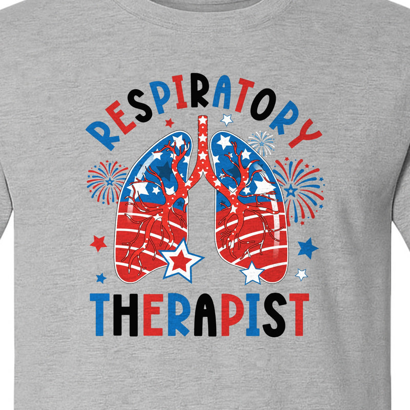 Respiratory Therapist T-Shirt, Patriotic Lungs Fireworks Design for Fourth of July Celebrations
