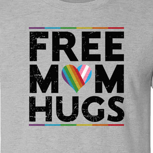 Free Mom Hugs T-Shirt, Rainbow Heart Design for LGBTQ+ Support and Pride Month Events