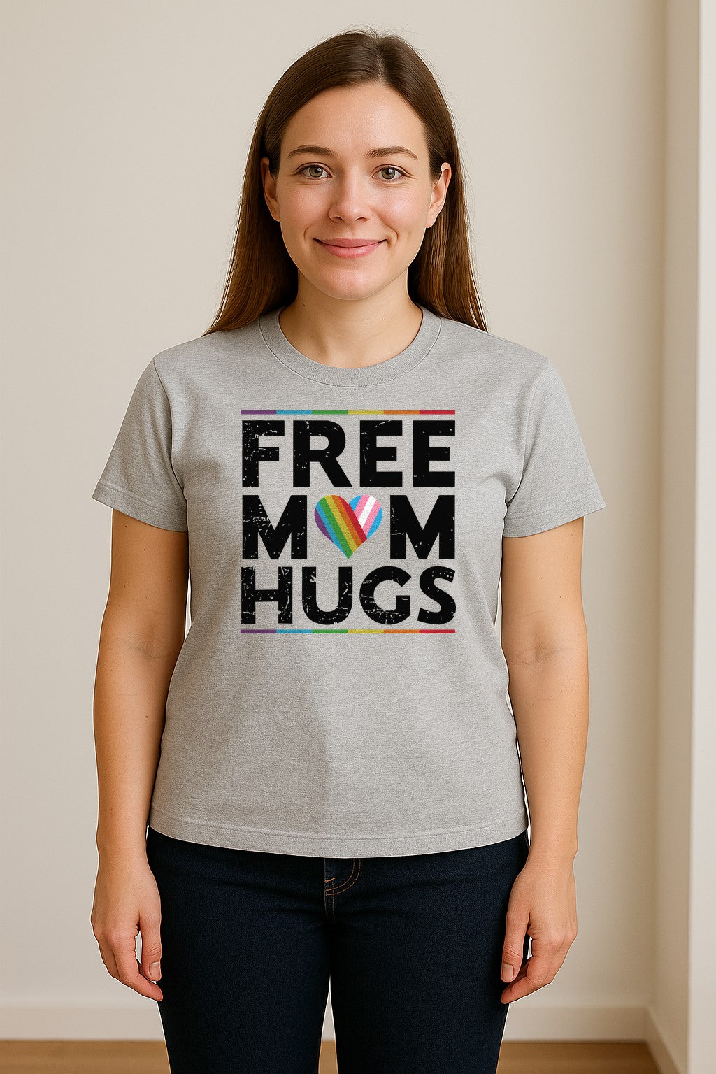 Free Mom Hugs T-Shirt, Rainbow Heart Design for LGBTQ+ Support and Pride Month Events