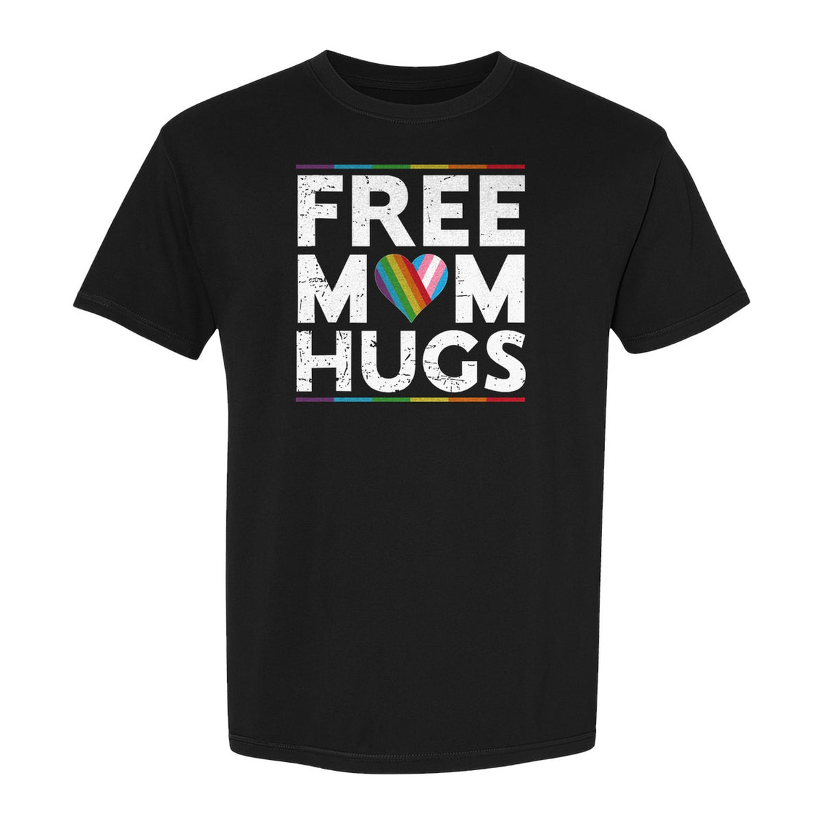 Free Mom Hugs T-Shirt, Rainbow Heart Design for LGBTQ+ Support and Pride Month Events