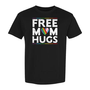 Free Mom Hugs T-Shirt, Rainbow Heart Design for LGBTQ+ Support and Pride Month Events