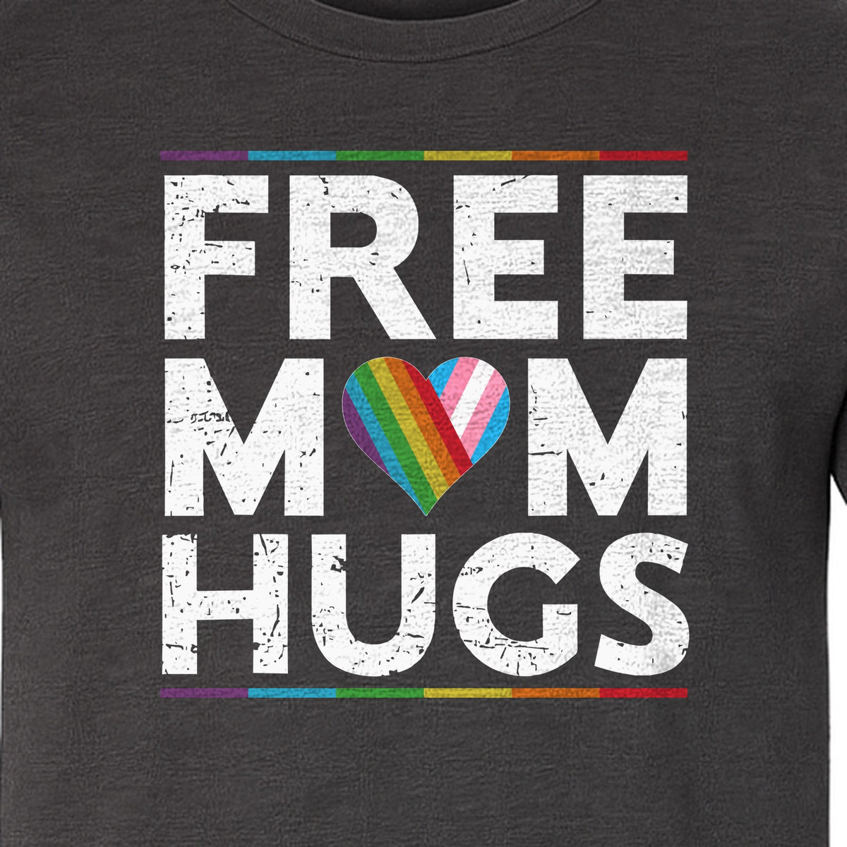 Free Mom Hugs T-Shirt, Rainbow Heart Design for LGBTQ+ Support and Pride Month Events