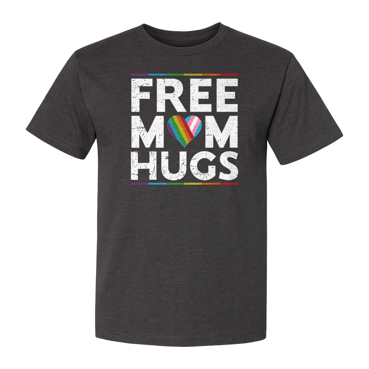 Free Mom Hugs T-Shirt, Rainbow Heart Design for LGBTQ+ Support and Pride Month Events
