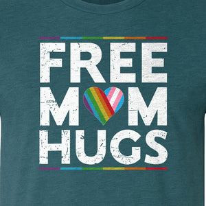 Free Mom Hugs T-Shirt, Rainbow Heart Design for LGBTQ+ Support and Pride Month Events