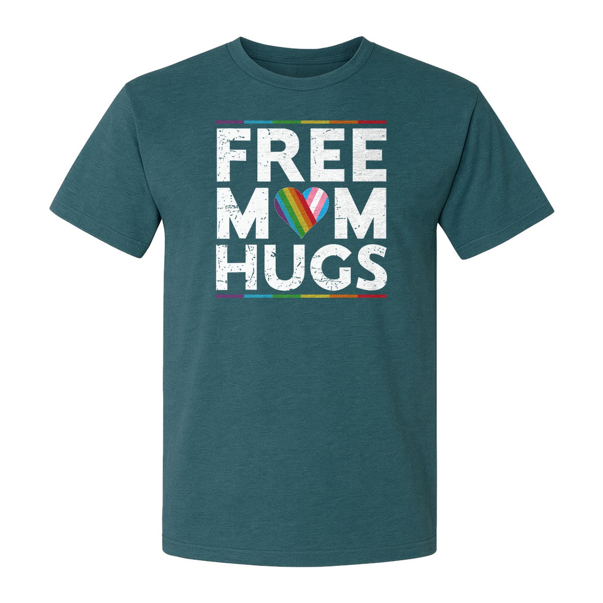 Free Mom Hugs T-Shirt, Rainbow Heart Design for LGBTQ+ Support and Pride Month Events