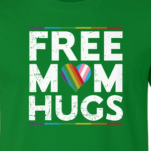 Free Mom Hugs T-Shirt, Rainbow Heart Design for LGBTQ+ Support and Pride Month Events