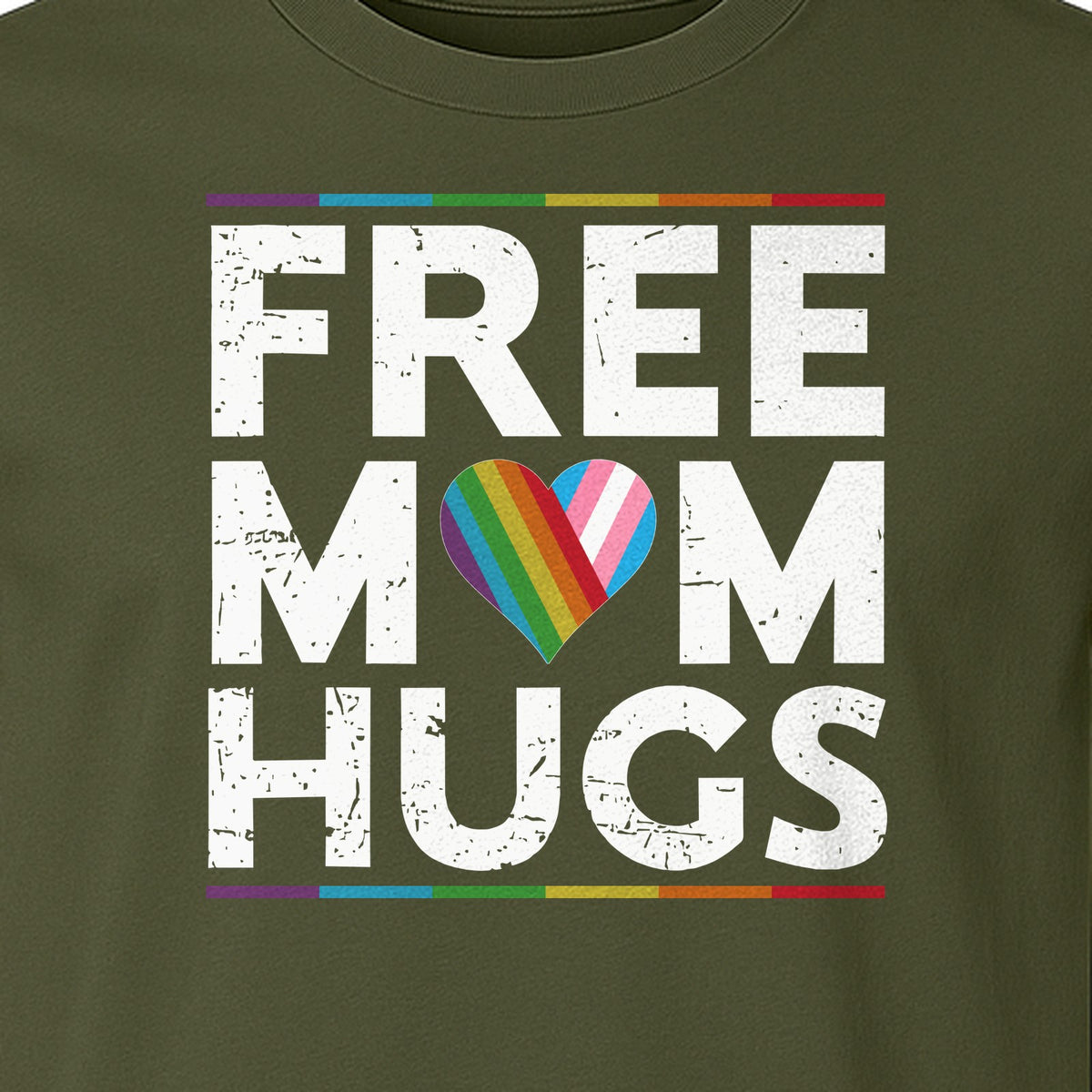 Free Mom Hugs T-Shirt, Rainbow Heart Design for LGBTQ+ Support and Pride Month Events