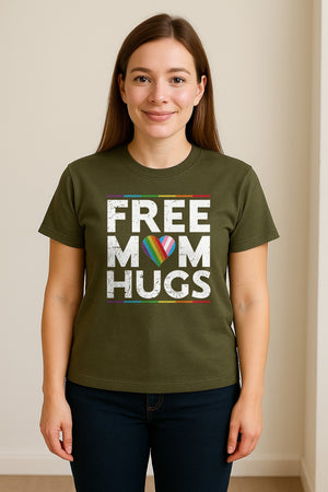 Free Mom Hugs T-Shirt, Rainbow Heart Design for LGBTQ+ Support and Pride Month Events
