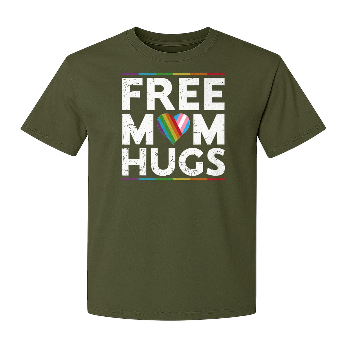 Free Mom Hugs T-Shirt, Rainbow Heart Design for LGBTQ+ Support and Pride Month Events