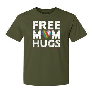 Free Mom Hugs T-Shirt, Rainbow Heart Design for LGBTQ+ Support and Pride Month Events